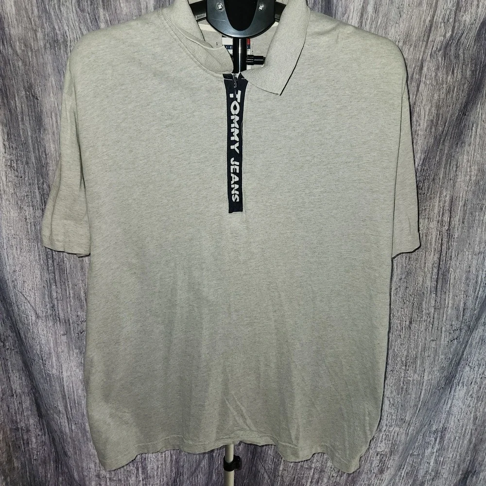 Tommy Hilfiger Gray Logo‎ Short Sleeve 90's Vintage Polo Zip Shirt Men's Size XL